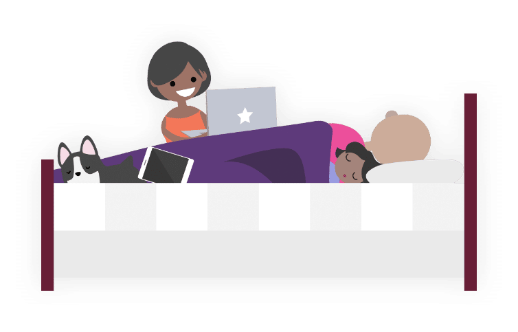 Better Sleep Council Woman using laptop on bed with family