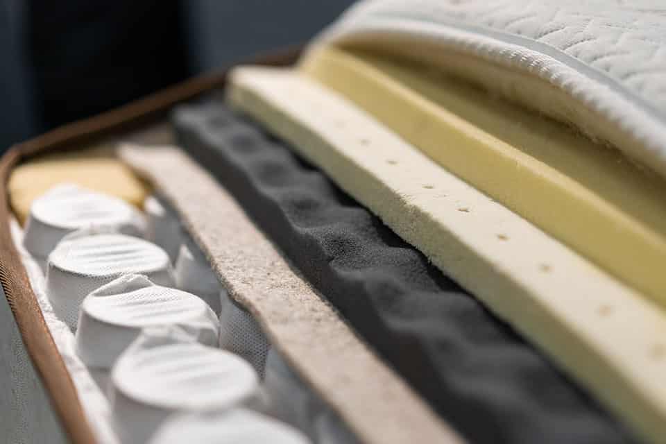 Mattress filler. Coconut coir, Nature para latex rubber, memory foam, independent spring. The concept of filling a mattress. Technology Concept